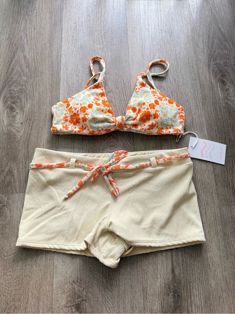 dippin daisys cream & orange floral zen bikini top + pacha short bikini bottoms